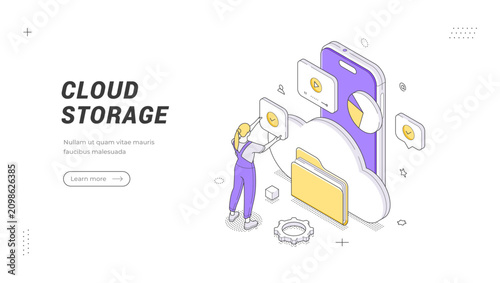 Online file hosting and data backup technology service isometric banner template. Vector illustration of a user uploading documents to a remote server for information synchronization and sharing