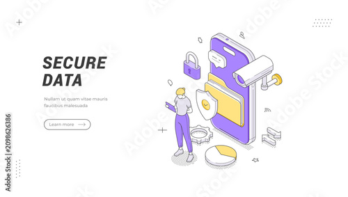 Cybersecurity technology and network safety service isometric banner template. Vector illustration of a private information protection system. Cloud storage and server data encryption concept