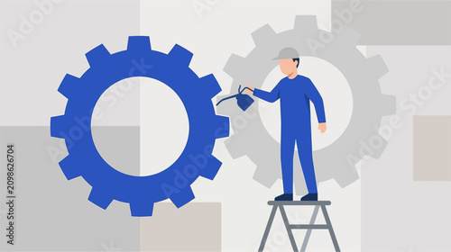Industrial mechanism maintenance and system optimization vector illustration featuring mechanical gears, cogs, and technical components for engineering, manufacturing, and process improvement.