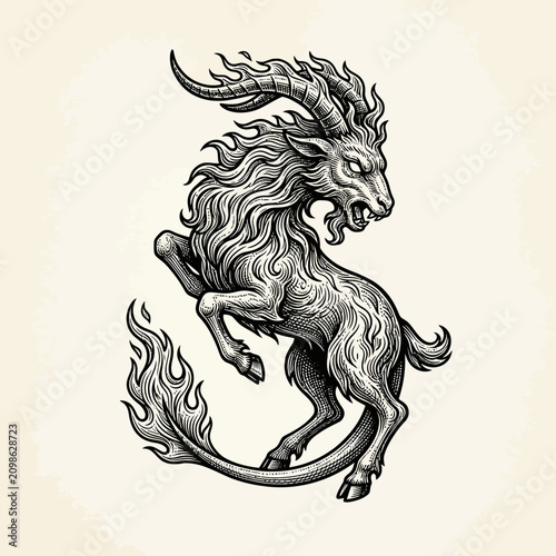 Tableau sur toile Intricate black ink illustration of a mythical chimera with flaming mane