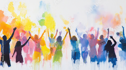 Colorful silhouettes of people celebrating with raised hands, vibrant splashes of paint in background create joyful atmosphere