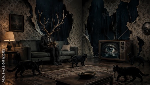 Antlered Man in Broken Living Room With Black Cats