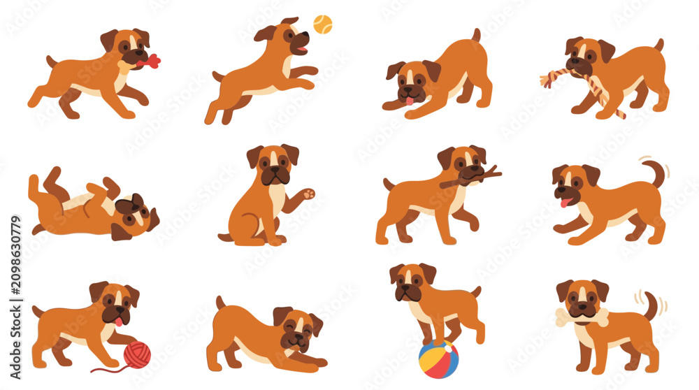Obraz premium Happy Boxer Dog Poses Collection: Playing with Toys, Fetching, Relaxing
