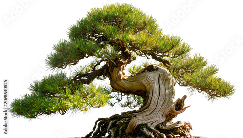 Foto Twisted ancient pine bonsai tree with gnarled trunk and green needles, isolated