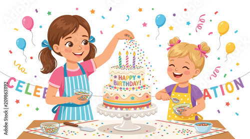 Woman and girl decorating birthday cake with colorful sprinkles