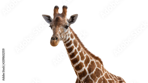 Schilderij op canvas Close-up portrait of a giraffe with brown and white patterned fur, isolated on t