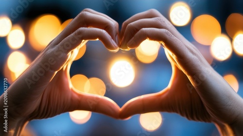 Hands forming a heart shape against warm bokeh lights