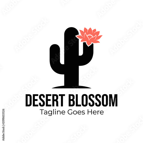 Simple desert cactus icon with blooming flower for botanical branding.