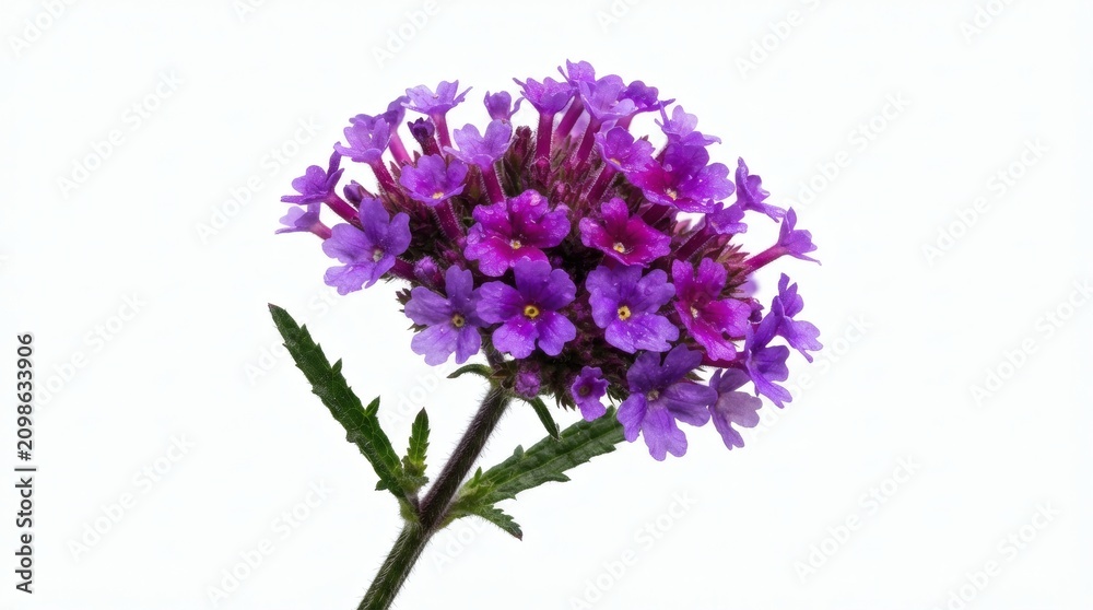 Obraz premium Vibrant purple verbena flower with green leaves, isolated on a clean white background, showcasing delicate petals and intricate structure