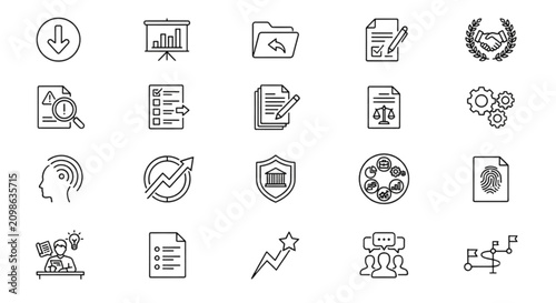 Business strategy and office management line icon vector images set representing statistics folders contracts handshake audit safety goals and human brainstorming.