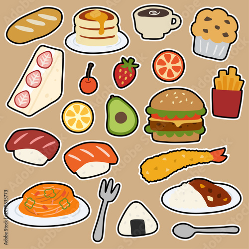 シールやステッカー風の食べ物のベクターイラストセット