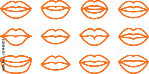 Various orange line art illustrations of lips on white background