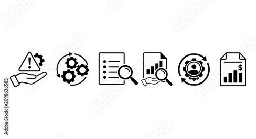Business risk management and performance audit vector images set showing process control data checklist graph analysis employee assessment and financial reports