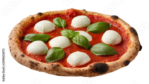 Foto Neapolitan pizza with fresh mozzarella balls and basil leaves, isolated on trans