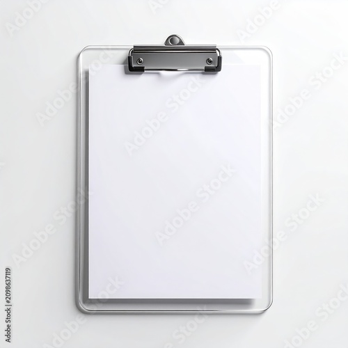 A white sheet of paper clipped onto a transparent clipboard on a white background