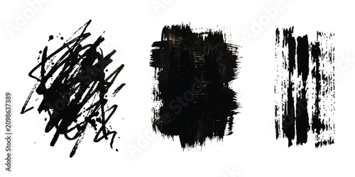 Foto Set of three abstract black ink brush strokes and messy scribble textures