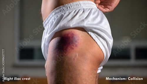 Iliac crest contusion and ecchymosis on athletic male torso. Clinical photo of hip bone trauma from physical impact, medical documentation style.