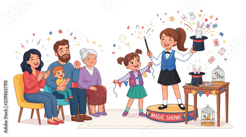 Little girl performing magic show for happy family vector illustration