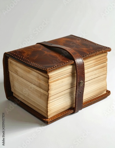 Aged, thick book bound in worn leather with a strap and buckle closure