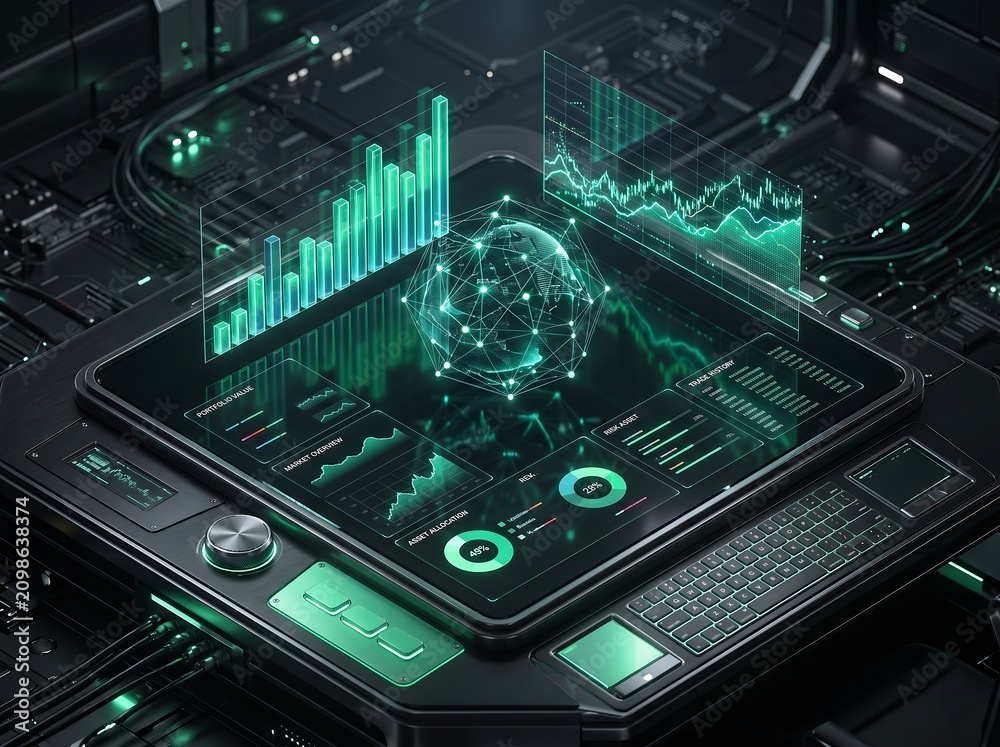Fototapeta premium AI finance dashboard displays charts and graphs on a futuristic interface screen