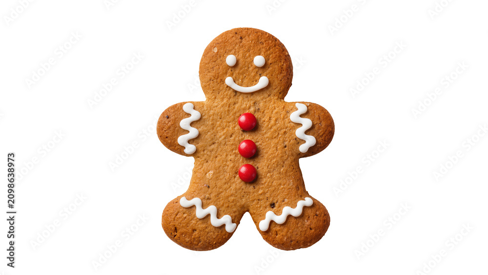 Fototapeta premium Gingerbread man cookie with white icing and red candy buttons, isolated on transparent background