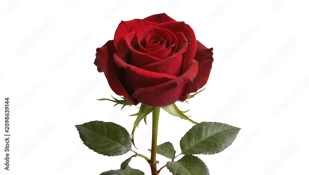 Fototapeta premium Single deep red rose with green leaves, isolated on transparent background