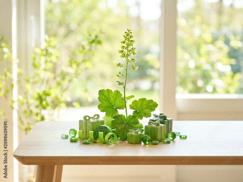 Fototapeta premium Green monochromatic still life concept with small gift boxes and clear glass beads around a plant on table