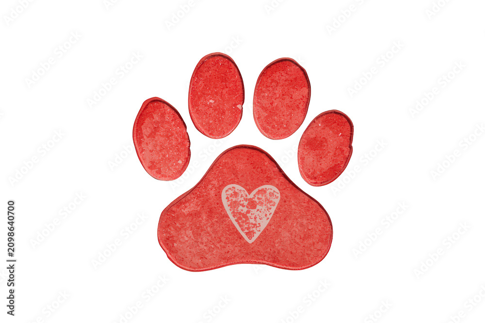 Obraz premium Red paw print with heart, symbolizing pet love, friendship, and animal care, watercolor texture, transparent background