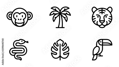 Canvas Print Jungle Animals and Tropical Plants Vector Icons Set, Safari Wildlife & Exotic Fl
