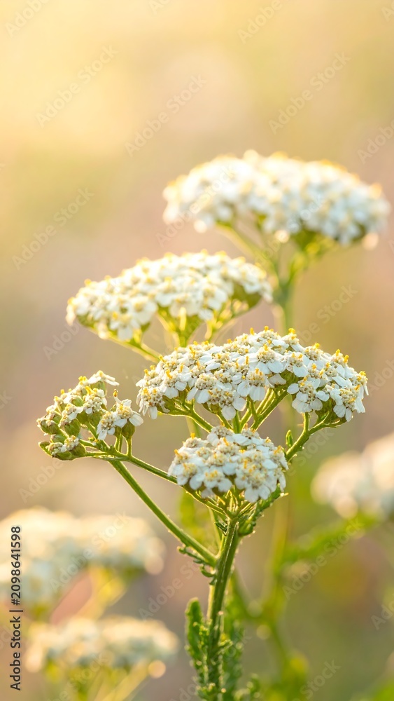Obraz premium Delicate white wildflowers in golden hour sunlight soft focus background