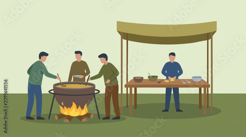 Φωτογραφία Outdoor cooking illustration with men preparing and serving food