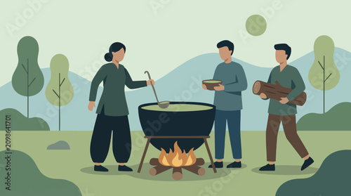 Slika na platnu People cooking outdoors over a campfire in minimalist style illustration
