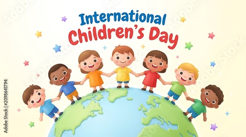 International childrens day celebration with diverse kids holding hands on earth