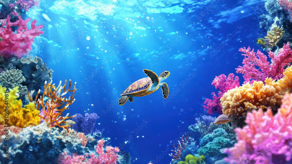 Fototapeta premium Vibrant underwater scene featuring turtle swimming gracefully among colorful coral reefs, showcasing beauty of marine life