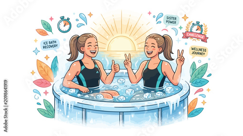 Two sisters relaxing in an ice bath tub outdoors with wellness icons and sunrise illustration
