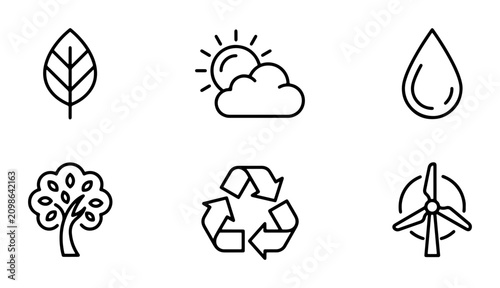 Fotografija Eco-friendly Icons Set: Leaf, Sun, Cloud, Water Drop, Tree, Recycle Symbol, Wind