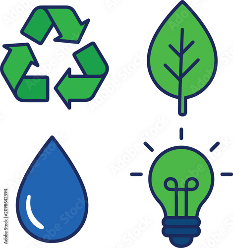 Eco Friendly Sustainability and Recycling Icon Pack Flat Vector
