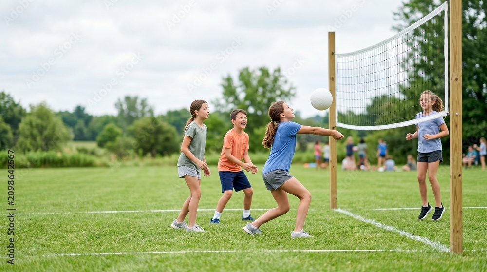 Fototapeta premium Kids playing volleyball outdoors on green grass field in summer 
