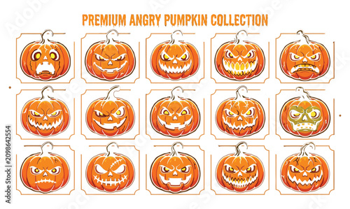 фотографія Collection of twelve angry jackolanterns with various expressions in a bright or