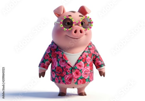 Cute 3D Animated Pig Character Wearing Floral Blazer and Flower Sunglasses Isolated on White Background
