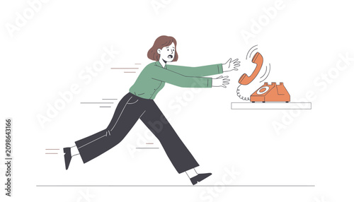 Employee in professional attire rushes across workspace to reach for vibrating telephone on table during busy working day.
