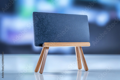 A stylish blank chalkboard on a wooden stand, perfect for advertising, menus, or creative displays in modern settings.