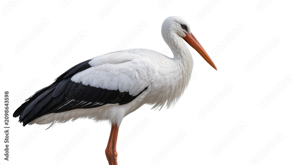 Fototapeta premium Elegant white stork with black wing feathers standing, isolated on transparent background