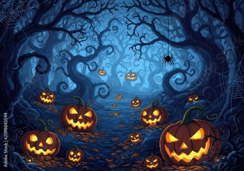 Spooky Halloween forest with glowing jack-o-lanterns pixel art