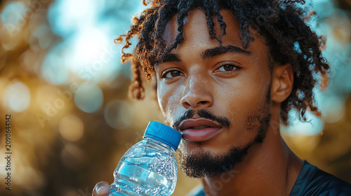 A young man enjoys a refreshing drink from a water bottle, embodying health and vitality in an outdoor setting.