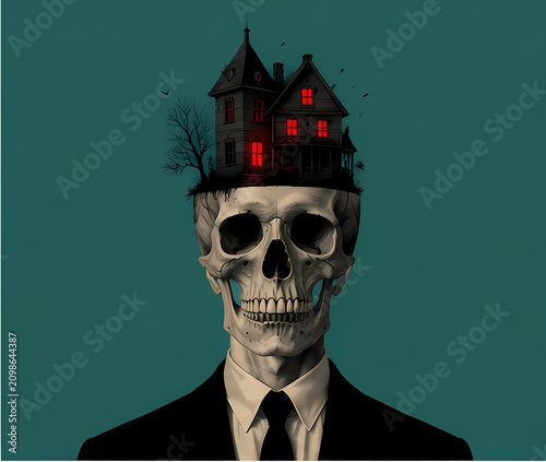 Skull Man With Haunted House Head