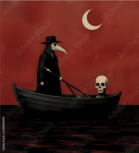 Plague Doctor Rowing With Skull Under Crescent Moon