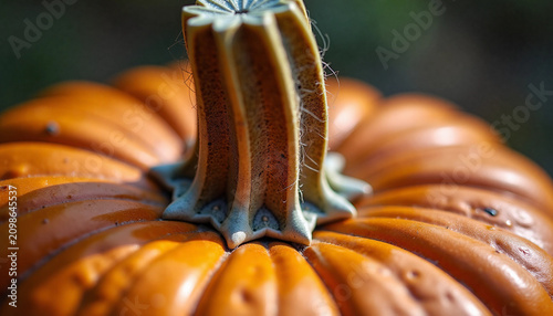Close-up of a vibrant orange pumpkin with a textured stem in natural light