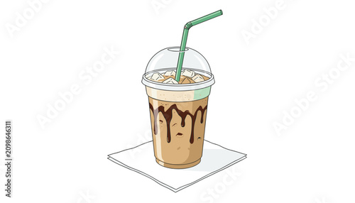 Iced coffee beverage in a clear plastic cup with a green straw and chocolate drizzle served on a white paper napkin on white background.