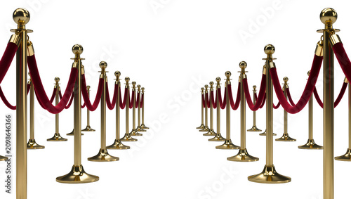 Quadro su tela Golden stanchions with red velvet ropes, creating a pathway isolated on transpar